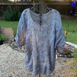 Johnny Was Gray Embroidered Blouse